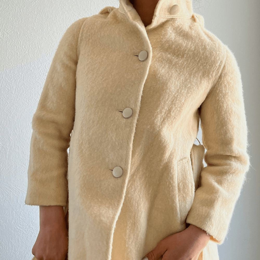 vtg 60s beige wool coat XXS girls 14/16 swing car coat hood made in Italy belted - Picture 8 of 12
